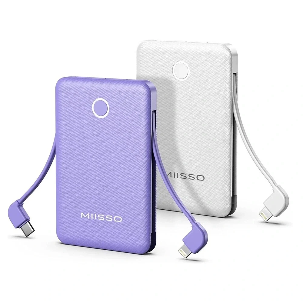 MIISSO 2-Pack Power Bank 6000mAh Portable Charger Built-in Cables 1 White 1 Purp